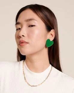 Les Boucles D'oreilles Big Love Grand Cœur Vert - Dorées à L'or Fin 24 Carats