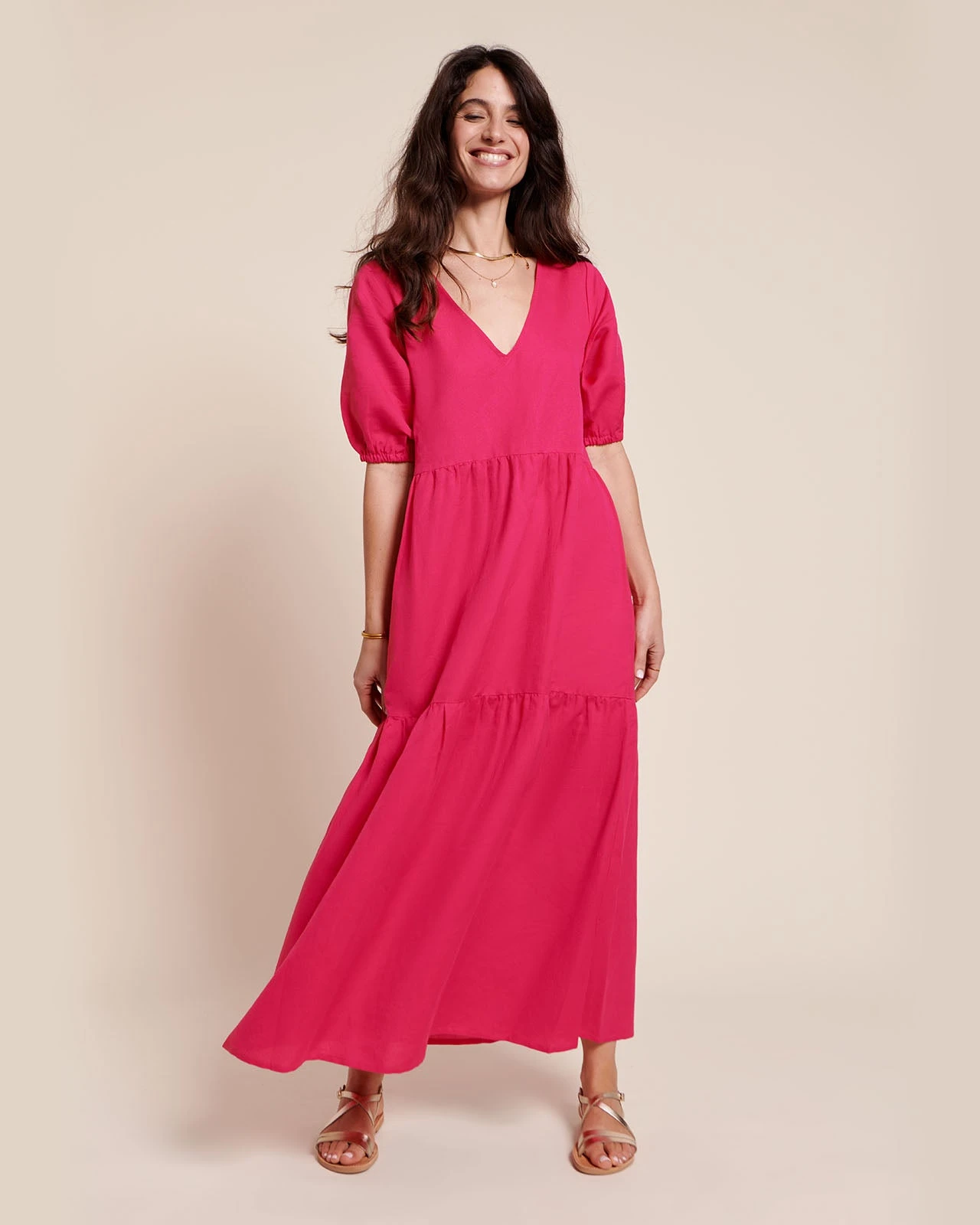 La Robe Raquel Femme En Coton Et Lin - Fuschia 5 La Robe Raquel Femme En Coton Et Lin - Fuschia – Image 3
