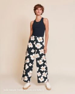 Le Pantalon Pauline En Coton Bio Imprimé - Anémones XL Charbon -Bijoux Magasin Jadepantalonanemones
