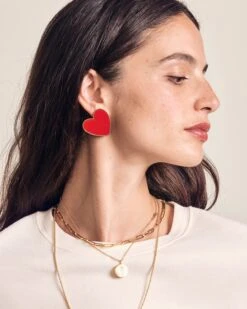 Les Boucles D'oreilles Big Love Grand Cœur Rouge - Dorées à L'or Fin 24 Carats