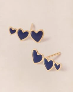 Les Boucles D'oreilles Clarisse 3 Cœurs Bleus - Dorées à L'or Fin 24 Carats