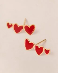 Les Boucles D'oreilles Clarisse 3 Cœurs Rouges - Dorées à L'or Fin 24 Carats