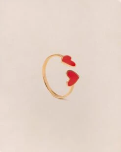 La Bague Billie 2 Cœurs Rouges - Dorée à L'or Fin 24 Carats