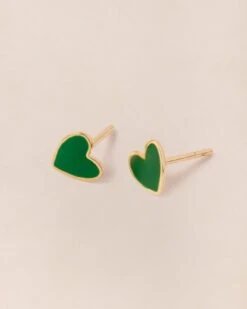 Les Boucles D'oreilles Céleste Petit Cœur Vert - Dorées à L'or Fin 24 Carats