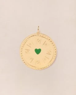 La Médaille Ronde Maria Cœur Vert - Dorée à L'or Fin 24 Carats - 25mm