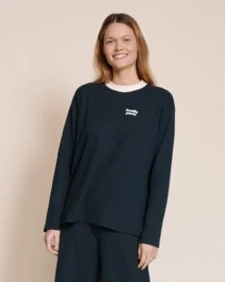 Le Haut De Pyjama Family Party Femme En Coton Bio Nid D'abeille - Charbon