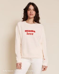 Le Sweat Brodé Mama Love En Coton Bio - Crème Et Rouge -Bijoux Magasin Permanent Sweatloverouge Mamalove jeanecru emoiemoi 07 0467webtaille2