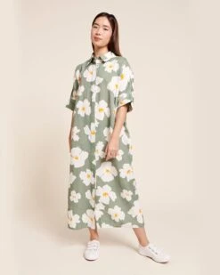 La Robe Chemise Rosita En Coton Et Lin - Anémones Olive -Bijoux Magasin Robeanemonesolivefemme1 1280x1600px