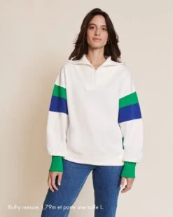 Le Sweat Sunny En Coton Bio Et Col Zippé - Blanc 19 Le Sweat Sunny En Coton Bio Et Col Zippé - Blanc -Bijoux Magasin S24SweatTrappeurSunny Molletonbicolore blanc vert jeanindigoemoiemoi 06 435legendeweb