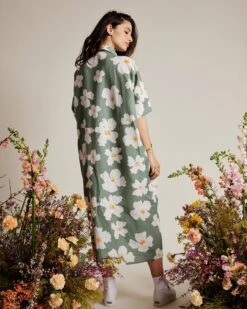 La Robe Chemise Rosita En Coton Et Lin - Anémones Olive -Bijoux Magasin la robe chemise anemones maxi femme en coton et lin olive 11