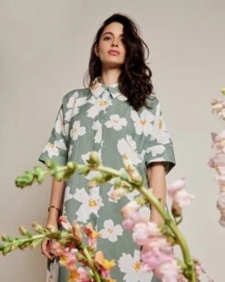 La Robe Chemise Rosita En Coton Et Lin - Anémones Olive -Bijoux Magasin la robe chemise anemones maxi femme en coton et lin olive 12