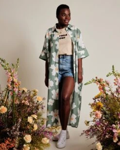 La Robe Chemise Rosita En Coton Et Lin - Anémones Olive -Bijoux Magasin la robe chemise anemones maxi femme en coton et lin olive 13