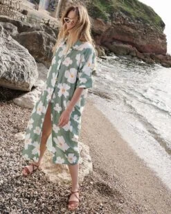 La Robe Chemise Rosita En Coton Et Lin - Anémones Olive -Bijoux Magasin la robe chemise anemones maxi femme en coton et lin olive 23