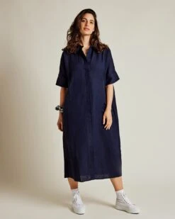 La Robe Chemise Rosita En Coton Et Lin - Bleu Nuit -Bijoux Magasin la robe chemise femme en coton et lin nuit 5